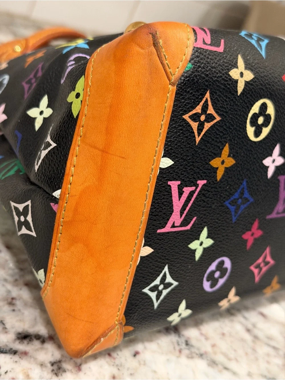 Louis Vuitton Black Multicolor Monogram Satchel with Tan Leather Trim